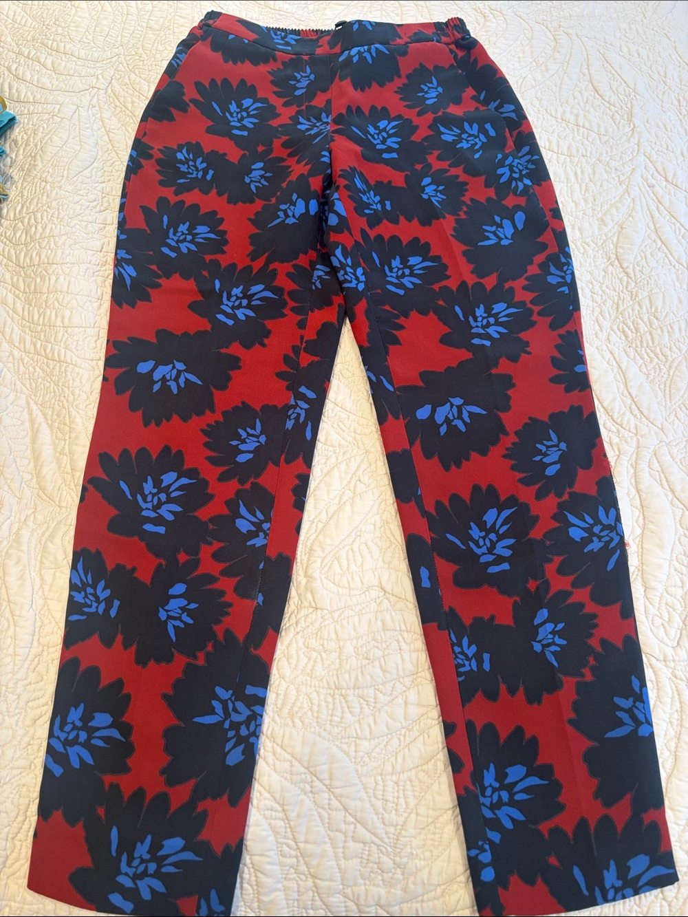 J. Crew Red Straight-Leg Pants with Blue and Black Floral Print